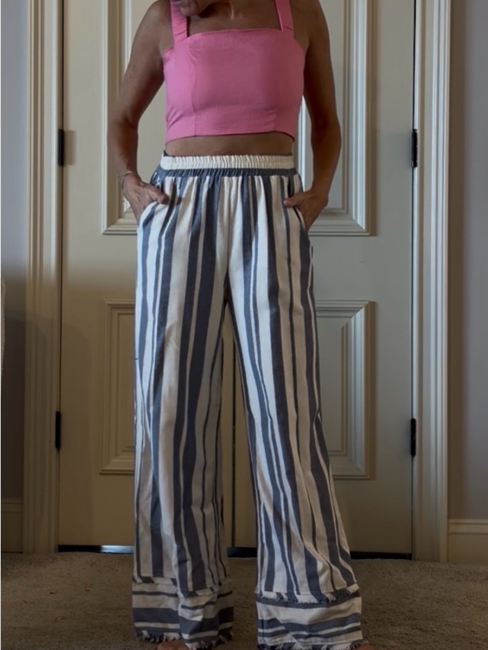 Striped Wide-Leg Cotton Pants in White & Gray